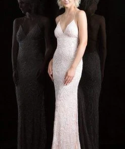 Scala - 48557 Lace Plunging V-neck Sheath Dress