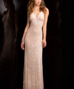 Scala - 48557 Lace Plunging V-neck Sheath Dress