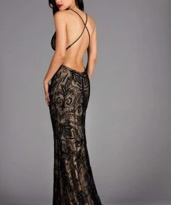 Scala - 48557 Lace Plunging V-neck Sheath Dress