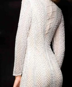 Scala - 48728 Long Sleeve Lattice Stripe Illusion Dress In Platinum