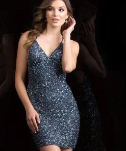 Scala - 48782 Fitted String Strapped Sequin Dress In Navy