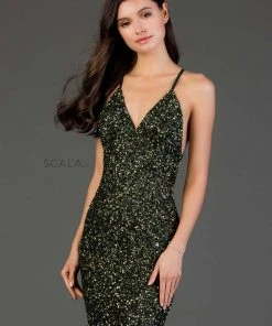 Scala - 48782 Fitted String Strapped Sequin Dress In Rouge 25 Scala - 48782 Fitted String Strapped Sequin Dress In Rouge