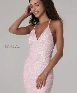 Scala - 48782 Fitted String Strapped Sequin Dress In Rouge 27 Scala - 48782 Fitted String Strapped Sequin Dress In Rouge
