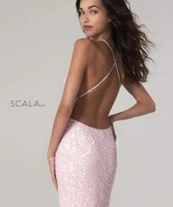 Scala - 48782 Fitted String Strapped Sequin Dress In Rouge 29 Scala - 48782 Fitted String Strapped Sequin Dress In Rouge