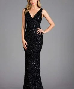 Scala - 48883 Sequined Plunging V-neck Sheath Dress With Train