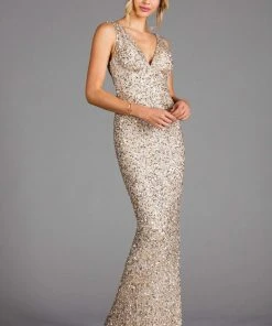 Scala - 48883 Sequined Plunging V-neck Sheath Dress With Train 12 Scala - 48883 Sequined Plunging V-neck Sheath Dress With Train