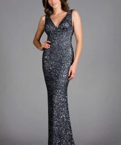 Scala - 48883 Sequined Plunging V-neck Sheath Dress With Train 11 Scala - 48883 Sequined Plunging V-neck Sheath Dress With Train