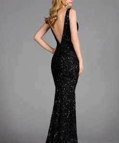 Scala - 48883 Sequined Plunging V-neck Sheath Dress With Train 9 Scala - 48883 Sequined Plunging V-neck Sheath Dress With Train