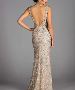 Scala - 48883 Sequined Plunging V-neck Sheath Dress With Train 13 Scala - 48883 Sequined Plunging V-neck Sheath Dress With Train