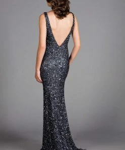 Scala - 48883 Sequined Plunging V-neck Sheath Dress With Train 10 Scala - 48883 Sequined Plunging V-neck Sheath Dress With Train