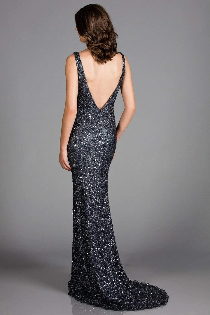 Scala - 48883 Sequined Plunging V-neck Sheath Dress With Train 5 Scala - 48883 Sequined Plunging V-neck Sheath Dress With Train