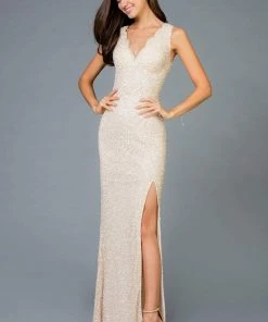 Scala - 48933 Sequined Scalloped V-neck Sheath Dress