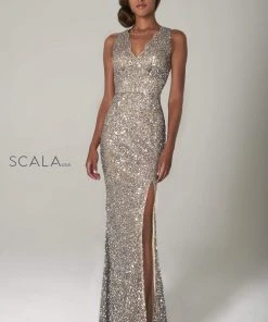 Scala - 48933 Sequined Scalloped V-neck Sheath Dress 20 Scala - 48933 Sequined Scalloped V-neck Sheath Dress
