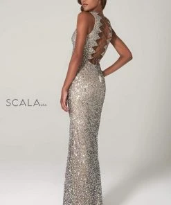 Scala - 48933 Sequined Scalloped V-neck Sheath Dress 21 Scala - 48933 Sequined Scalloped V-neck Sheath Dress