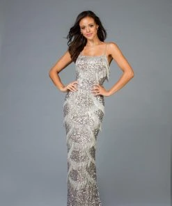 Scala - 48934 Embellished Fringed Sheath Evening Dress