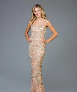 Scala - 48934 Embellished Fringed Sheath Evening Dress