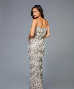 Scala - 48934 Embellished Fringed Sheath Evening Dress