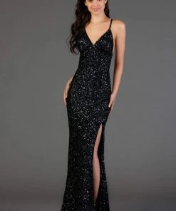 Scala - 48938 Allover Sequin Backless Sheath Evening Gown With Slit