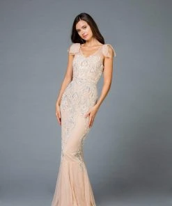 Scala - 48943 Sequined V-neck Long Fitted Dress
