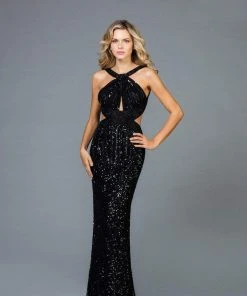 Scala - 48944 Sequined Halter Sheath Dress