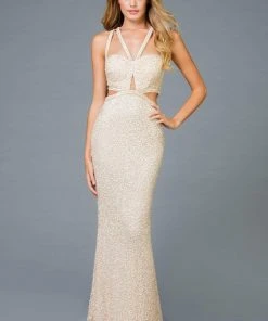 Scala - 48946 Sequined Midriff Cutout Long Sheath Gown