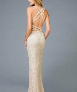 Scala - 48946 Sequined Midriff Cutout Long Sheath Gown