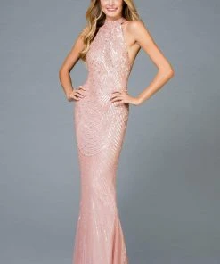Scala - 48948 Sequined High Halter Backless Gown