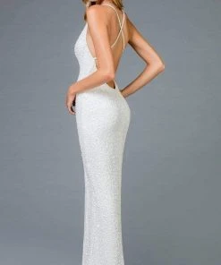 Scala - 48949 Sequined Plunging Halter V-neck Sheath Dress 14 Scala - 48949 Sequined Plunging Halter V-neck Sheath Dress