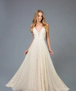 Scala - 48952 Beaded Deep V-neck Tulle A-line Dress