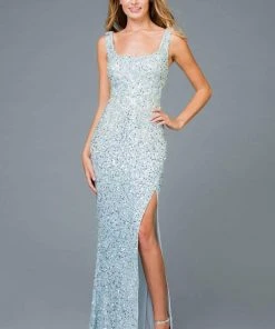 Scala - 48961 Sequined Scoop Sheath Dress With Slit