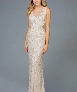 Scala - 48962 Sequined V-neck Long Sheath Dress