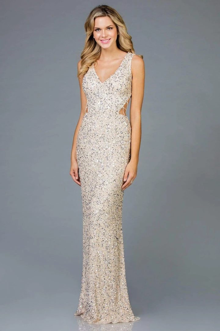 Scala - 48962 Sequined V-neck Long Sheath Dress 3 Scala - 48962 Sequined V-neck Long Sheath Dress
