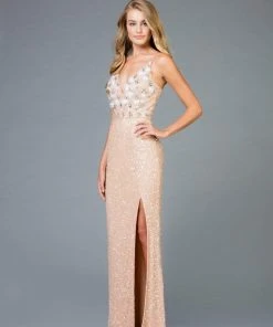 Scala - 48963 Sequined Deep V-neck Sheath Dress With Slit