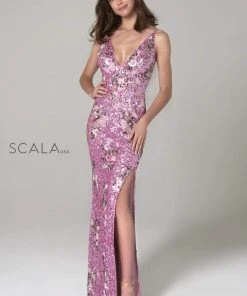 Scala - 48965 Floral Sequined Deep V-neck Sheath Dress 12 Scala - 48965 Floral Sequined Deep V-neck Sheath Dress