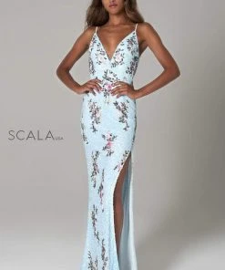 Scala - 48965 Floral Sequined Deep V-neck Sheath Dress 10 Scala - 48965 Floral Sequined Deep V-neck Sheath Dress