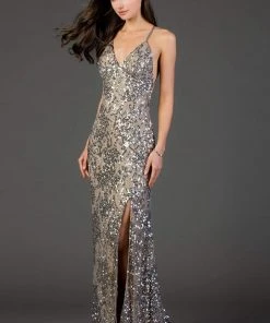Scala - 48977 Plunging V-Neck Sequined High Slit Gown 8 Scala - 48977 Plunging V-Neck Sequined High Slit Gown