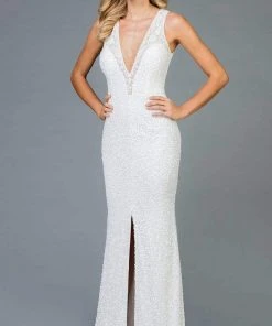 Scala - 48984 Sequined Deep V-neck Sheath Dress