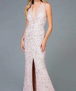 Scala - 48984 Sequined Deep V-neck Sheath Dress