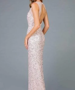 Scala - 48984 Sequined Deep V-neck Sheath Dress