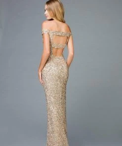 Scala - 48985 Sequined Off-Shoulder Fitted Dress