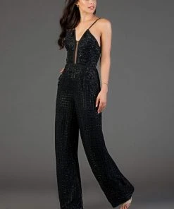 SCALA - 48995 Sequined Plunging V-Neck Jumpsuit