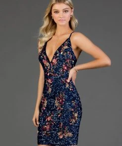 SCALA - 60041 Multicolored Sequined Deep Halter V-neck Sheath Dress