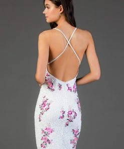 SCALA - 60041 Multicolored Sequined Deep Halter V-neck Sheath Dress