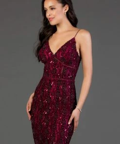 SCALA - 60047 Bedazzled Plunging V-neck Sheath Dress