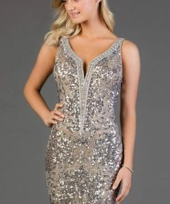 SCALA - 60048 Sequined Plunging V-Neck Cocktail Dress