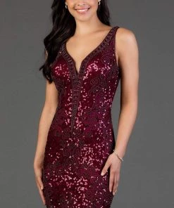 SCALA - 60048 Sequined Plunging V-Neck Cocktail Dress