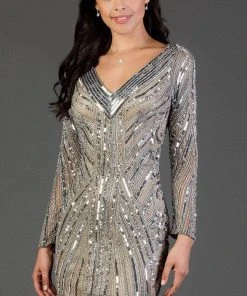 SCALA - 60056 Sequined Long Sleeve V-neck Sheath Dress