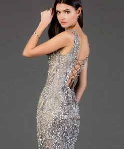SCALA - 60057 Sequined Plunging V-neck Sheath Dress