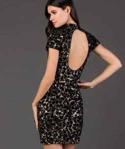 SCALA - 60067 Sequined High Neck Short Sleeve Sheath Dress