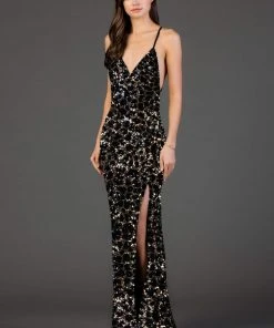 SCALA - 60073 Sequined Plunging V-neck Sheath Dress